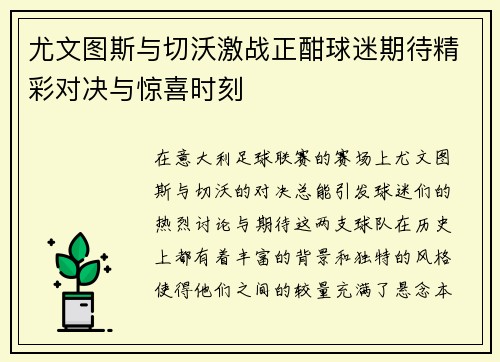 尤文图斯与切沃激战正酣球迷期待精彩对决与惊喜时刻